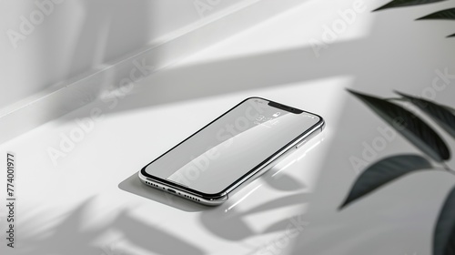 Minimalist white background with a sleek smartphone placed elegantly for showcasing product details.