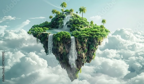 Floating island with greenery and waterfalls among clouds. The concept of a utopian natural sanctuary.
