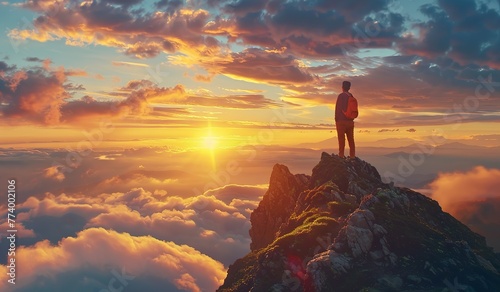 Man greeting the dawn on a mountain summit amongst clouds. The concept of contemplation and unity with nature.