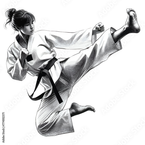 illustration of a martial arts painting of a girl kicking black and white