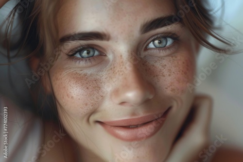A smiling woman with flawless skin, gently touching her chin while looking directly into the camera.