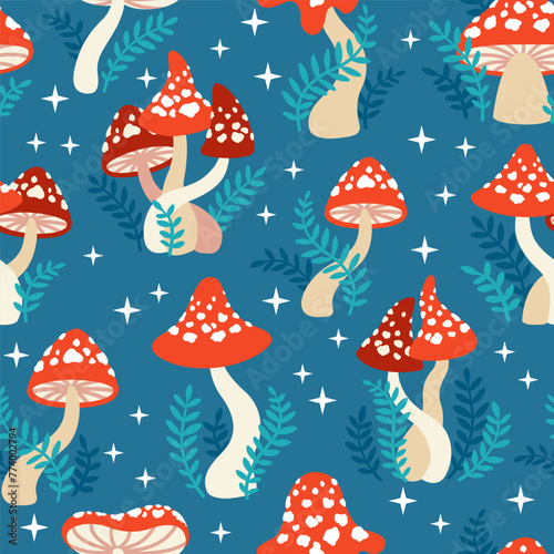 Seamless pattern of amanita mushrooms. Hand drawn vector illustration of red amanita among the branches of bushes and plants on a dark green background © Nataliia