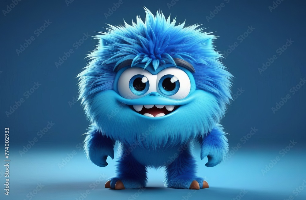 Cute blue furry monster 3D cartoon character