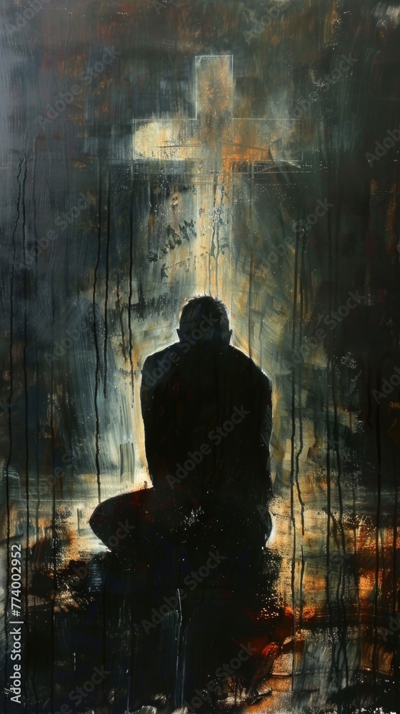 Man in a moment of prayer, cross and kneeling figure bathed in soft acrylic light