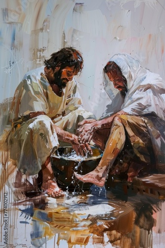 Jesus washing the disciples feet, humility in service, depicted in thoughtful acrylics