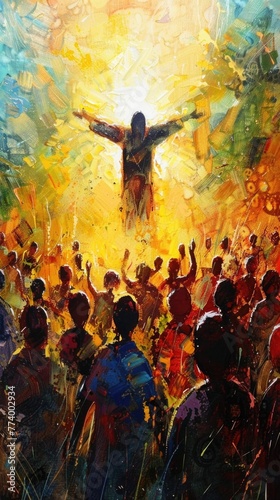 Jesuss silhouette against radiant light, his followers in worship, captured in acrylic splendor photo