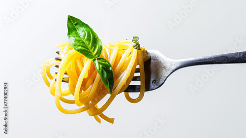 Appetizing spaghetti rolled on fork with basil. Delicious pasta restaurant concept. Light background. Generative AI
