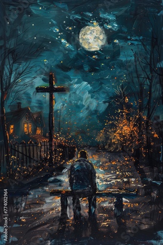 Man seeking guidance, praying at a cross, in a tranquil acrylic night setting