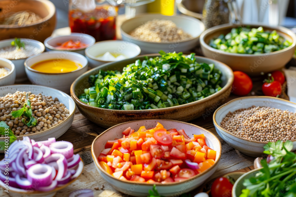 Healthy Vegan Cooking Preparation with Fresh Vegetables and Grains
