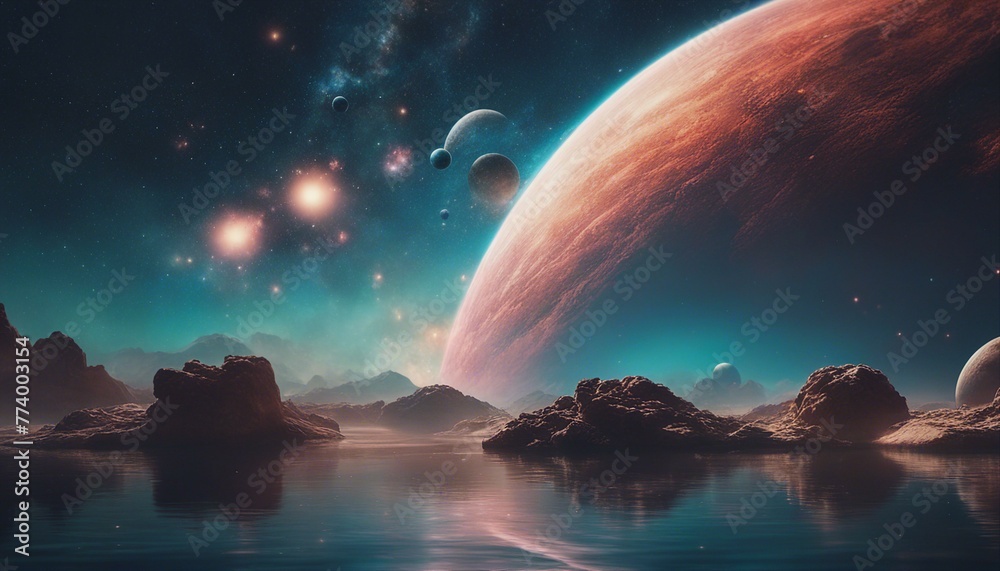 Multiple planets orbit among stars and a vibrant nebula. A cosmic event reflects on tranquil waters, forming a breathtaking sci-fi space scene.