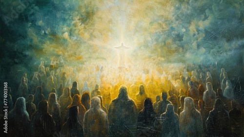 Acrylic scene of Jesus enveloped in light, a peaceful congregation watches in wonder