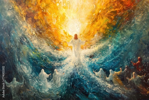 Followers find Jesus in a blaze of divine light, a moment frozen in acrylic brilliance photo