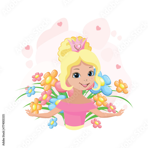 A beautiful princess wearing a crown decorated with a heart-shaped jewel among flowers. Vector illustration of a fairy tale princess on a floral background.