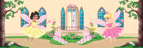 Two beautiful princesses in beautiful dresses walk along the path at the gate of a fairy-tale castle. Fairytale vector illustration in cartoon style.