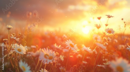 a flower field at sunrise with sunlight shining through the flowers