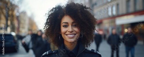 Portrait of pretty afro policewoman in the street smiling, banner. Generative AI.