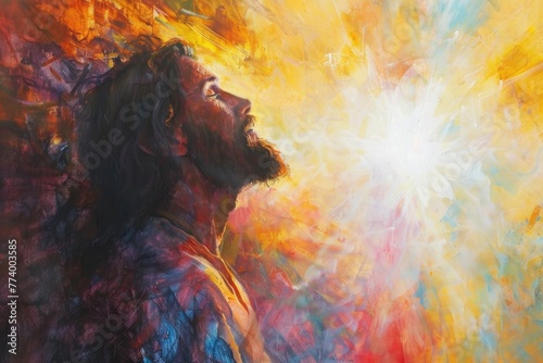 Jesus appears in shimmering light, a scene of awe, lovingly rendered in acrylics photo