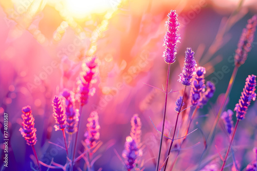 A field of purple flowers with a pink sun in the background