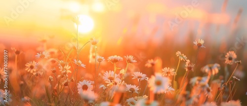 Blooming daisies in a mountain landscape at sunset  © WettE