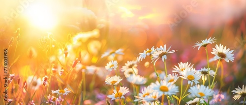 Summer flowers field  meadow grass landscape background with chamomile  cornflower and daisy flowers. Wildflowers lawn in sunrise or sunset sky
