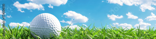 Golf Ball on Lush Green Grass Against Blue Sky with Clouds