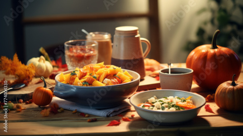 A warm autumn setting featuring a hearty bowl of pasta with pumpkins and fall foliage in the background