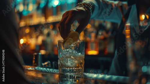Bartender skillfully crafting a cocktail in a moody, ambient-lit bar