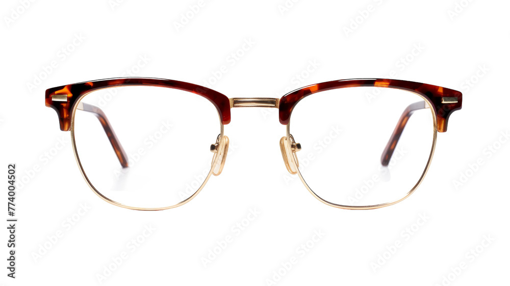 A pair of stylish glasses resting delicately on a pristine white background A pair of stylish glasses resting delicately on a pristine white background