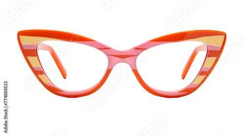 A pair of pink and orange glasses resting on a white background