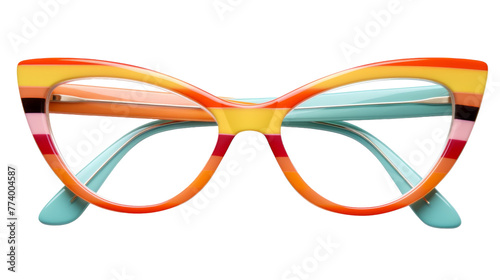 A vibrant pair of glasses with colorful frames resting on a white background