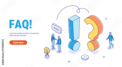 FAQ vector isometric concept. People characters standing near exclamations and question marks. Woman and man ask questions and receive answers. Online support center. frequently asked questions.