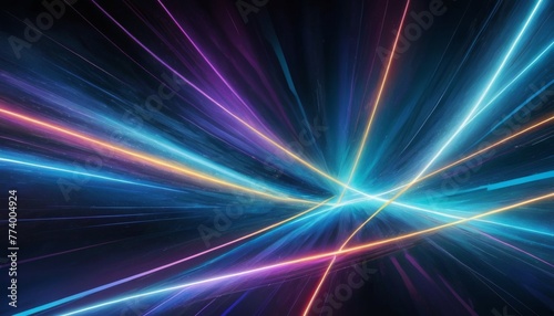 Abstract background with a dynamic explosion of neon light streaks, creating a sense of high-speed motion, in a cool palette of purples, blues, and pinks, ideal for technology themes.. AI Generation
