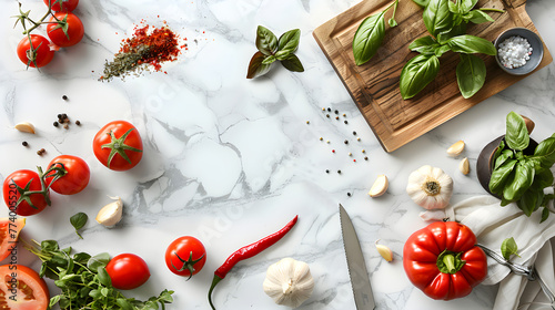 Preparation of Fresh Seasonal Vegetables for a Gourmet Recipe on Bright Marble Kitchen Counter