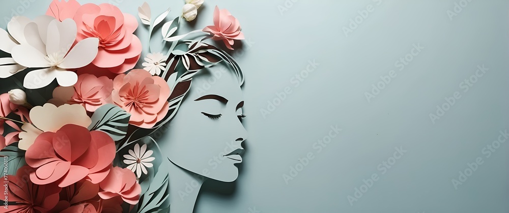 Illustration paper cut in face and flower style with texture space with the concept of International Women's Day or International Mother's Day
