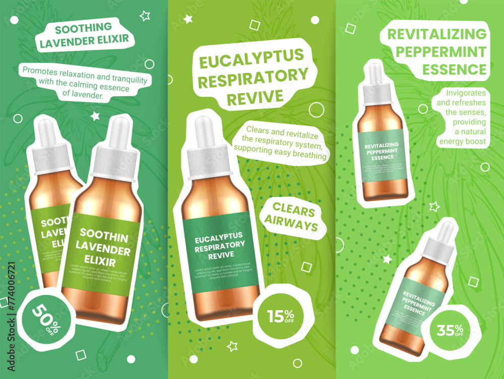 Essential oil sale discount collage poster flyer design template set vector illustration - obrazy, fototapety, plakaty 