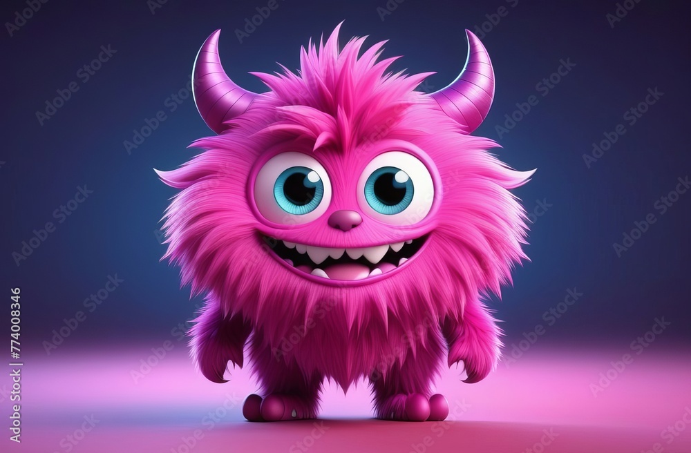 Fototapeta premium Cute pink or violet furry monster 3D cartoon character