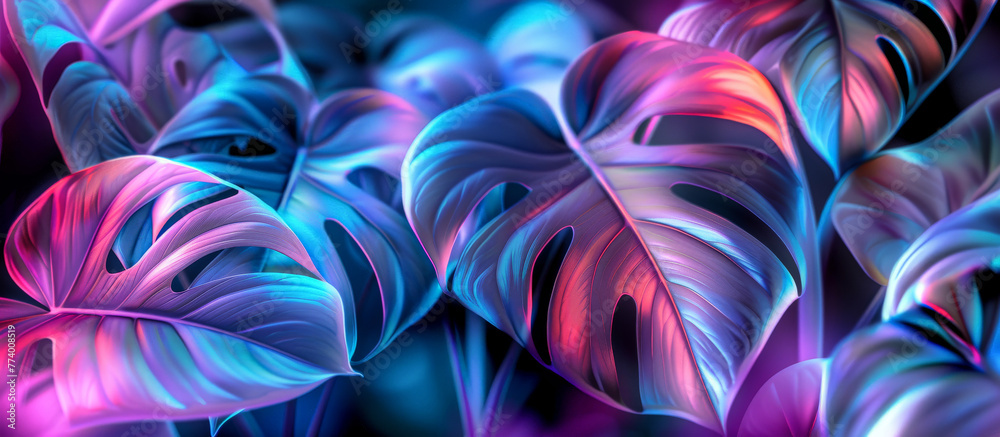 Glowing abstract neon background with tropical leaves of palm, monstera Glowing abstract neon background with tropical leaves of palm, monstera