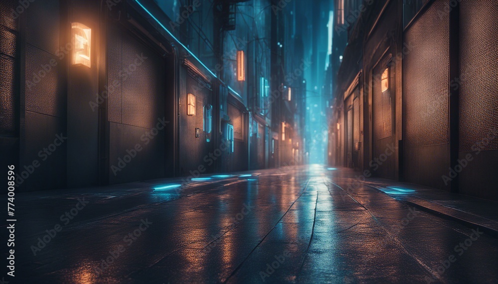 In the futuristic city alley, square windows glow amidst blue ambient light, casting an ethereal aura over the urban landscape.