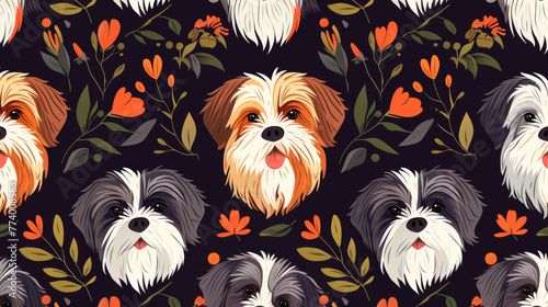Seamless pattern of drawn cute red, gray and white bearded dogs and plants Poster Design element Abstract Packaging, textile or wrapping paper