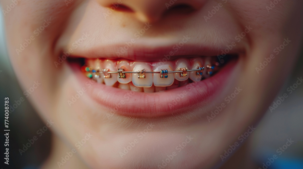Obraz premium teenager with dental braces, ai