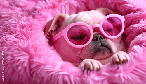 cute puppy sleeping in pink blanket, ai