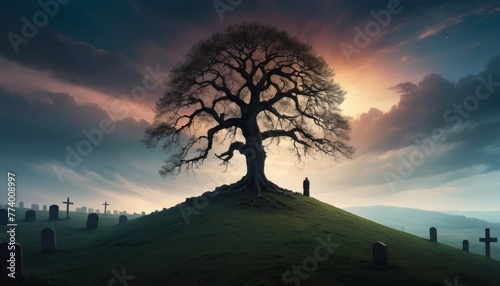 An ancient tree stands vigil over a serene graveyard at sunset, casting long shadows while a lone figure contemplates the scene.. AI Generation photo