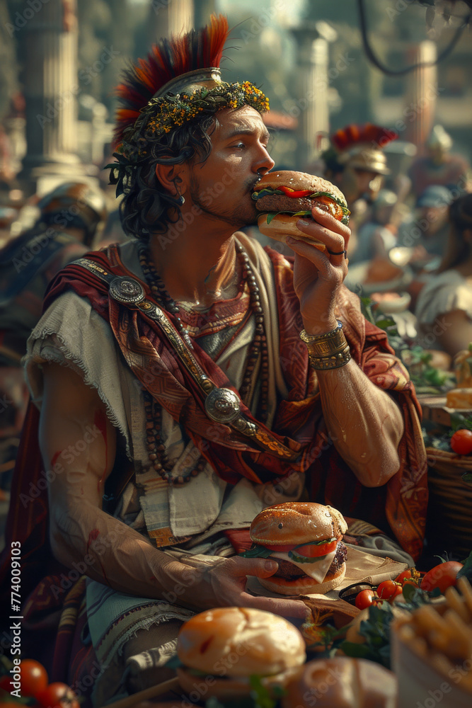 Roman Warrior Enjoys Modern Hamburger in Ancient Setting