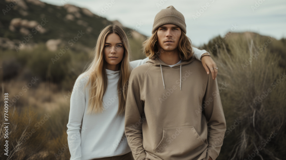 Casual Young Couple Standing Together in a Wild Grassland Casual Young Couple Standing Together in a Wild Grassland