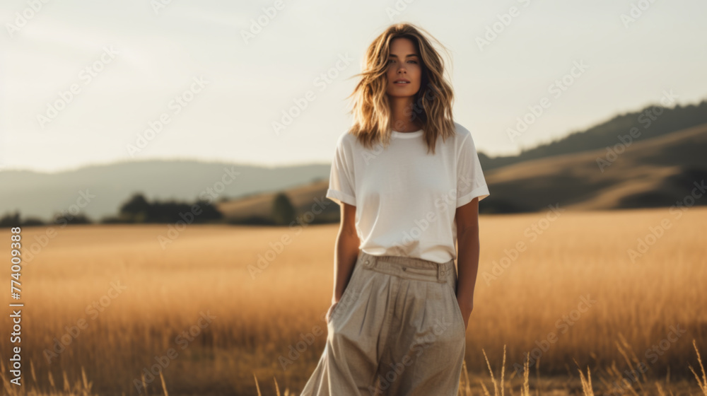 Serene Woman Standing in Golden Field at Sunset Serene Woman Standing in Golden Field at Sunset
