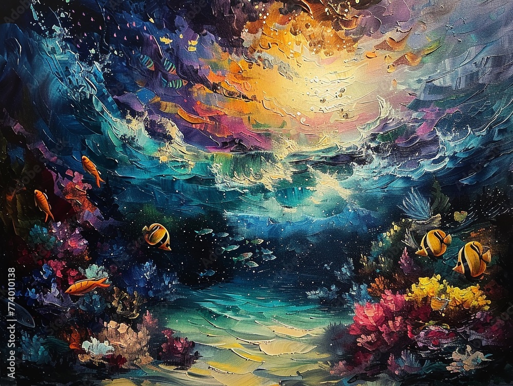 Surrealistic ocean painting, marine fish in a dreamlike realm, imaginary aquatic scene, vivid and enchanting