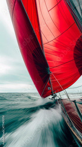 Speeding Sailboat with Red Sail on Open Sea