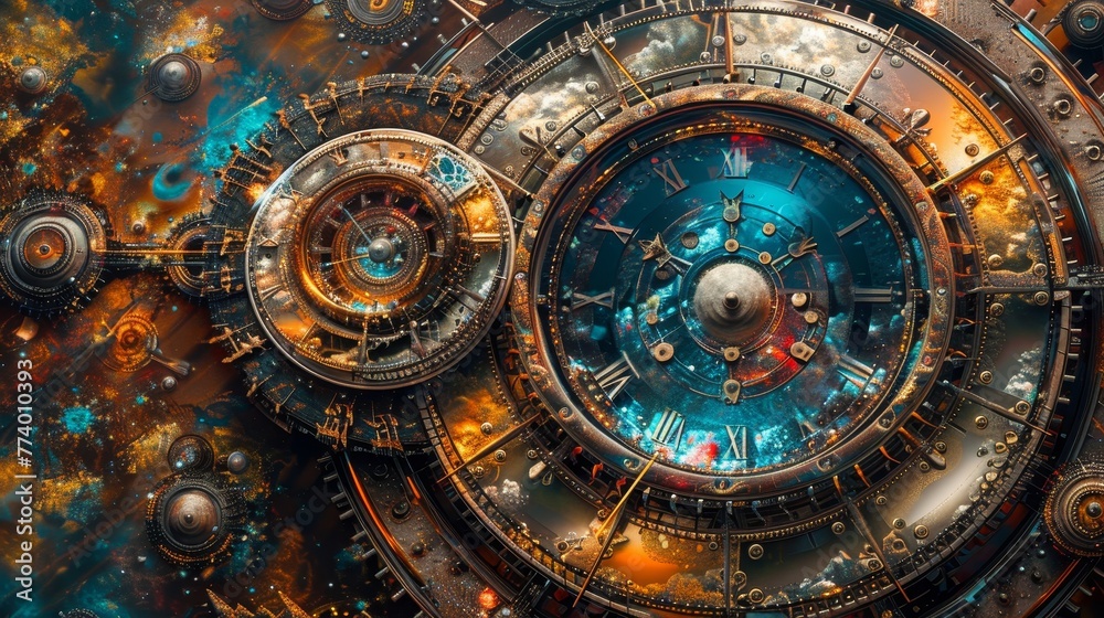 A surreal clockwork mechanism connecting the gears of time