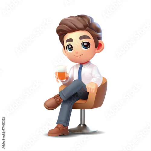 Smiling businessman in white shirt holding a glass of beer sitting on the sofa 3d vector people character illustration. Cartoon minimal style