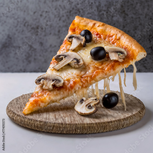 Jolie part de pizza en suspension sur un socle en bois, fromage coulant, champignons, olives noires 